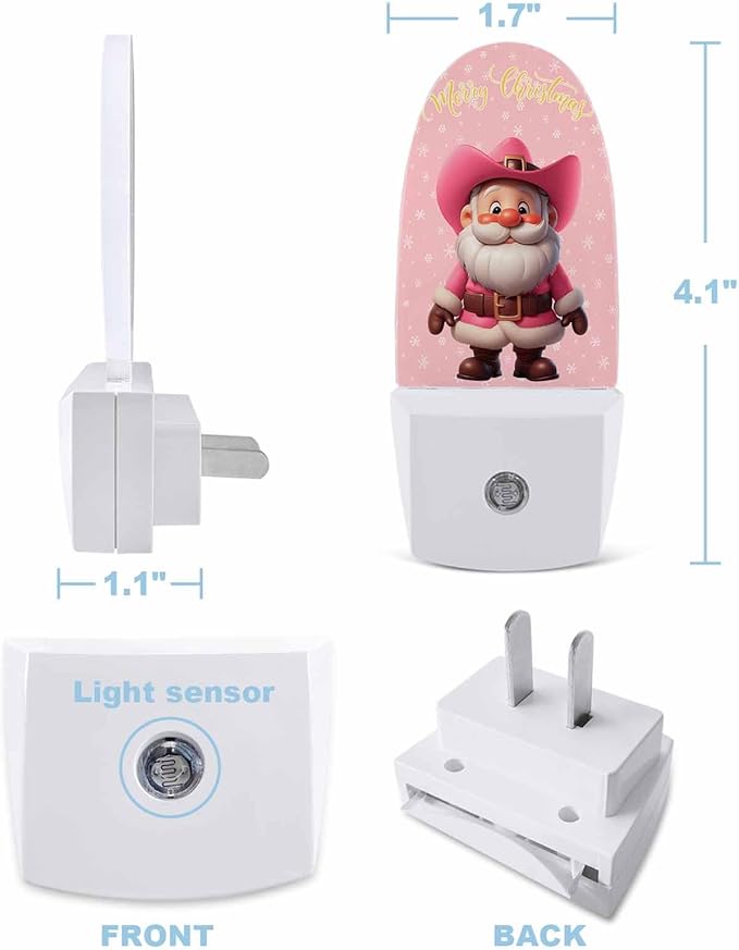 Night Light Plug into Wall, Winter Xmas Peach Western Cowboy Santa Claus Snowflake Texture Vintage Popsicle Shape Night Light LED Nightlight with Light Sensors for Kids Bedroom Hallway