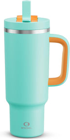 ENCOOL 40 oz Tumbler with Handle and Straw: Stainless Steel Insulated Tumbler Keeps Cold for 24 Hours, Leakproof Travel Cup Fits in Cup Holder and BPA-Free,Soft Cyan