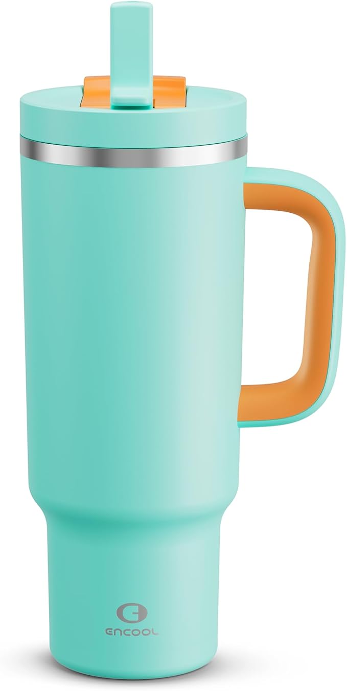 ENCOOL 40 oz Tumbler with Handle and Straw: Stainless Steel Insulated Tumbler Keeps Cold for 24 Hours, Leakproof Travel Cup Fits in Cup Holder and BPA-Free,Soft Cyan