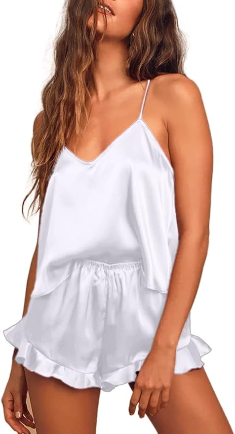 CHYRII Women's Sexy Silk Satin Ruffled Pajamas Sets Cami Shorts Sets Sleepwear