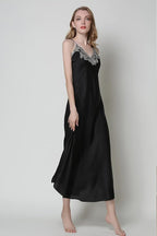 FEOYA Women's 2 Piece Satin Nightgown and Robe Sexy Silk Lace Pajamas Set Long V Neck Sleepwear for Ladies