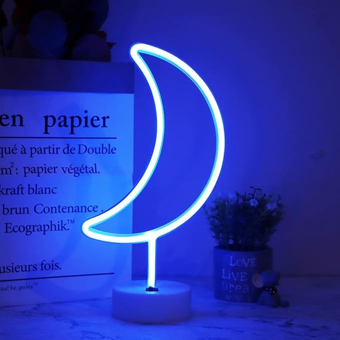 Neon Moon Lights, LED Moon Decor Neon Signs Crescent Night Lights Art Decorations Lamp for Party Supplies, Children Kids Girls Gift-Holder Base(Blue)