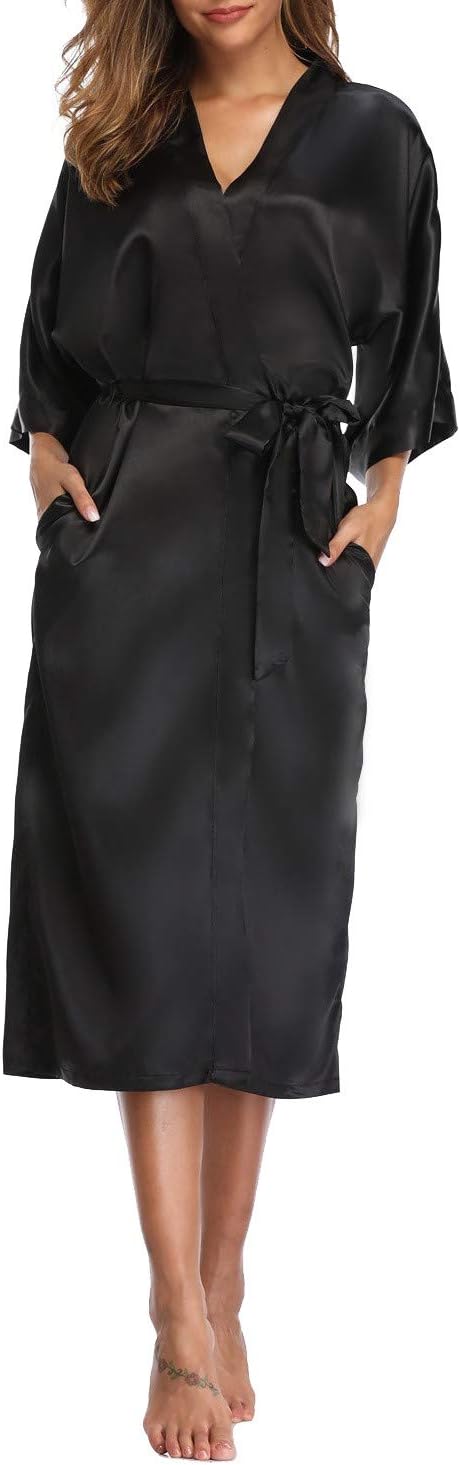 Women's Silk Robes Soft Long Satin Kimono Bathrobe Bride Bridesmaid Wedding Party Robes Sexy Sleepwear with Pockets