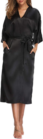 Women's Silk Robes Soft Long Satin Kimono Bathrobe Bride Bridesmaid Wedding Party Robes Sexy Sleepwear with Pockets