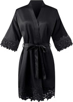 Womens Short Satin Robe Lace Trim Silk Kimono Sleepwear Bridesmaid Robes for Bride Wedding Party Nightgown