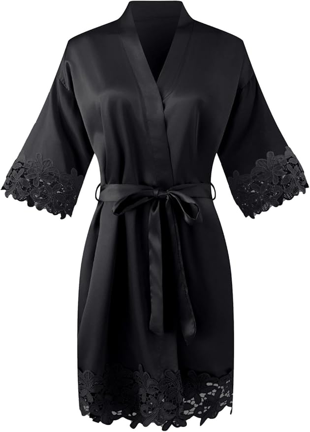 Womens Short Satin Robe Lace Trim Silk Kimono Sleepwear Bridesmaid Robes for Bride Wedding Party Nightgown