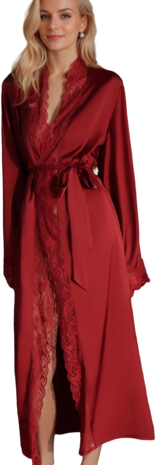 Women Sexy Satin Lace Robe,Long Sleeve Silk Bathrobe with Belt Soft Lightweight Full Length Sleepwear