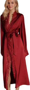 Women Sexy Satin Lace Robe,Long Sleeve Silk Bathrobe with Belt Soft Lightweight Full Length Sleepwear