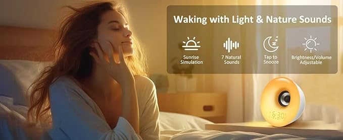 Sunrise Alarm Clock - 7 RGB Night Light, Digital Clock with 7 Alarms, Adjustable White Noise Sound Machine with FM & Bluetooth Speaker, Smart Alarm Clocks for Bedrooms & Thoughtful Gifts