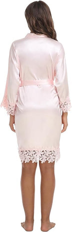 Womens Short Satin Robe Lace Trim Silk Kimono Sleepwear Bridesmaid Robes for Bride Wedding Party Nightgown