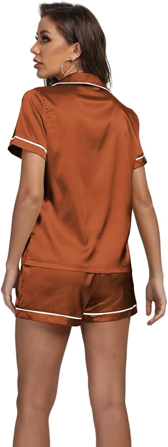 LYANER Women's Silky Satin Pajamas Set Short Sleeve Button Down Shirt With Shorts Pjs Set Sleepwear
