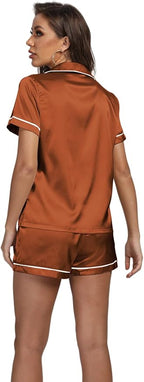 LYANER Women's Silky Satin Pajamas Set Short Sleeve Button Down Shirt With Shorts Pjs Set Sleepwear