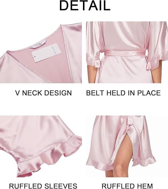 Ekouaer Womens Silk Ruffle Robe Short Satin Kimono Robe Half Sleeve Bathrobe Bridesmaid Wedding Party Dressing Gown