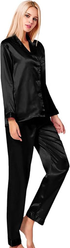 SWOMOG Womens Silk Satin Pajamas Set Long Sleeve Button Down Sleepwear 2 Piece Lounge Set Pj Set XS-3XL