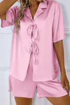 CHYRII Women's Silk Satin Pajamas Sets Tie Front Short Sleeve Tops and Shorts Two Piece Pj Sets Sleepwear