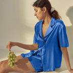 CHYRII Women's Silk Satin Pajamas Sets Tie Front Short Sleeve Tops and Shorts Two Piece Pj Sets Sleepwear