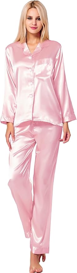 SWOMOG Long Sleeve Pajamas Set Silk Satin Sleepwear Button Down Pjs Loungewear with Pocket