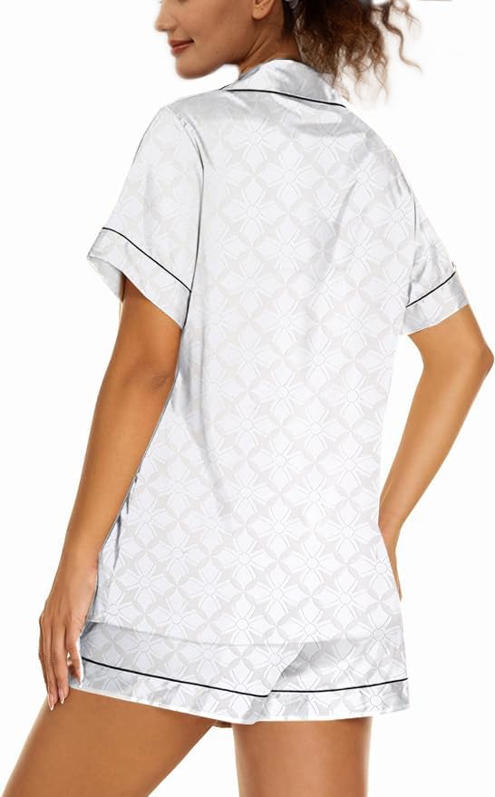 WJing Yi Jia Womens Silk Satin Pajamas Loungewear Two-Piece Sleepwear Button-Down Floral Pj Set XS-4XL