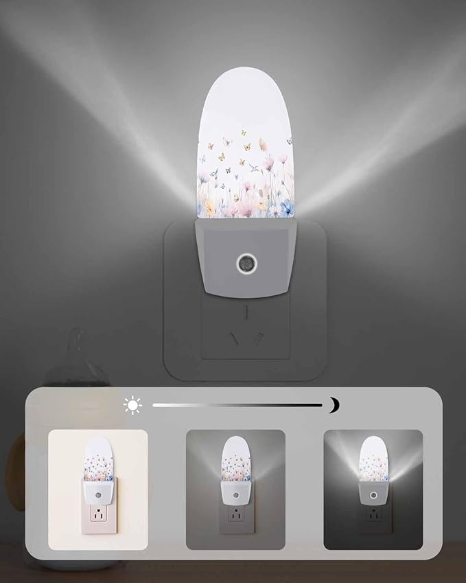 Night Light Plug into Wall, Spring Summer Flowers Floral Butterflies Birds Blue Yellow Peach Light Purple Popsicle Shape Night Light LED Nightlight with Light Sensors for Kids Bedroom Hallway