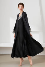 FEOYA Women's 2 Piece Satin Nightgown and Robe Sexy Silk Lace Pajamas Set Long V Neck Sleepwear for Ladies