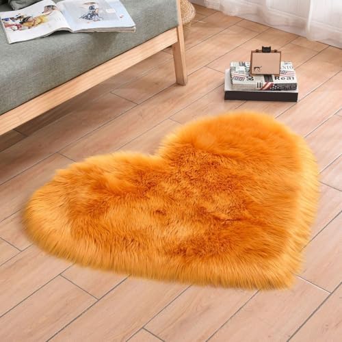 Faux Fur Sheepskin Heart Shaped Area Rugs, 16"x20" Luxurious Wool Love Floor Carpets Bathroom Non-Slip Mat for Home Decor Nursery Living Room Bedroom Pet Kids and Baby Room (Yellow Camel)