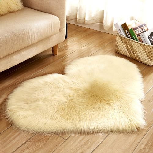 Faux Fur Sheepskin Heart Shaped Area Rugs, 12"x16" Luxurious Wool Love Floor Carpets Bathroom Non-Slip Mat for Home Decor Nursery Living Room Bedroom Pet Kids and Baby Room (Light Yellow)