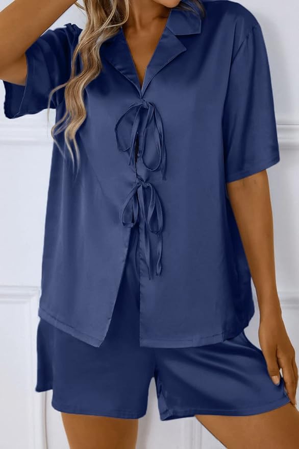 CHYRII Women's Silk Satin Pajamas Sets Tie Front Short Sleeve Tops and Shorts Two Piece Pj Sets Sleepwear