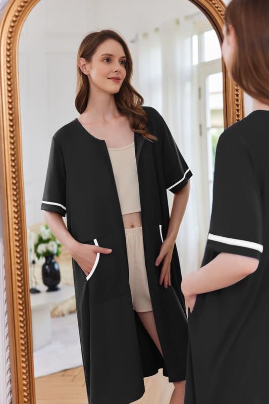 Ekouaer Women Zipper Robe Short Sleeve Duster Housecoat Short Bathrobes Zip Front Nightgown with Pockets S-3XL