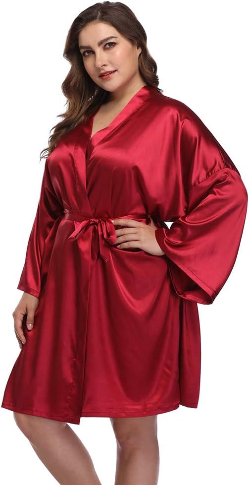 Women's Plus Size Short Satin Kimono Robes Sleepwear Bathrobes Silky Dressing Gown
