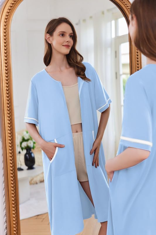 Ekouaer Women Zipper Robe Short Sleeve Duster Housecoat Short Bathrobes Zip Front Nightgown with Pockets S-3XL