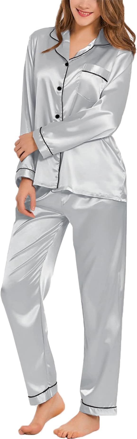 SWOMOG Womens Silk Satin Pajamas Set Long Sleeve Button Down Sleepwear 2 Piece Lounge Set Pj Set XS-3XL