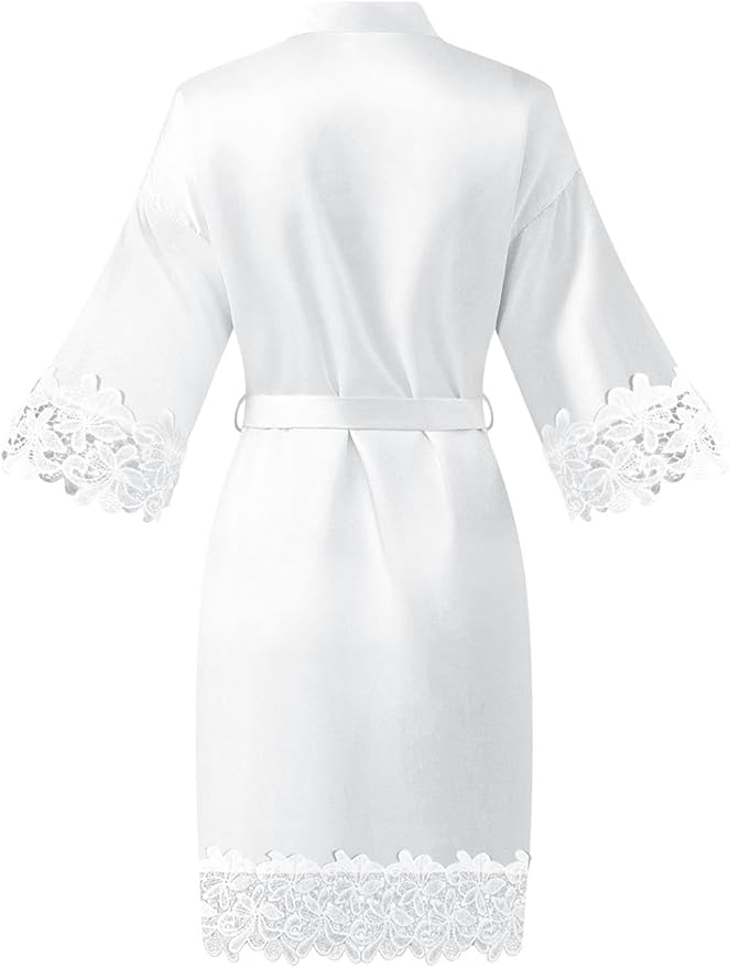 Womens Short Satin Robe Lace Trim Silk Kimono Sleepwear Bridesmaid Robes for Bride Wedding Party Nightgown