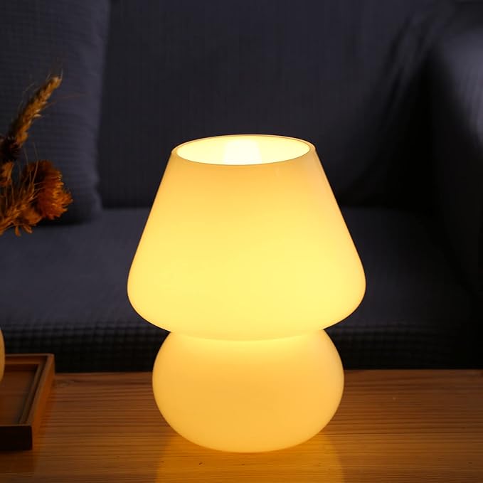 BSOD Mushroom lamp,Glass Mushroom Bedside Table Lamp Translucent Murano Vintage Style Striped Small Nightstand Desklamp Swirl Light for Home Decor, Dining, Living, Bedroom, Gift (Matte White)