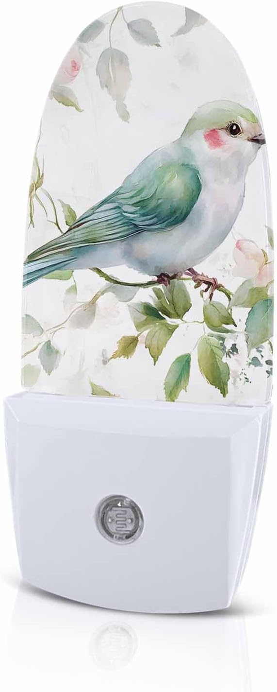 Spring Bird Pink Peach Blossom Night Light Plug into Wall, Watercolor Green Leaves Popsicle Shape Night Light Nightlight with Light Sensors for Kids Bedroom Hallway