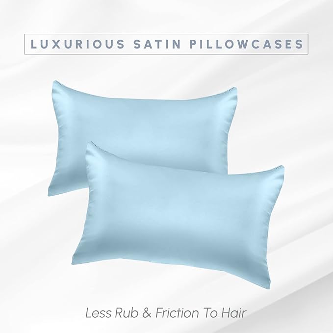 Elegant Comfort 2-Pack Baby Blue Satin Pillowcase Set with Hidden Zipper Closure, 20" x 30" Standard/Queen