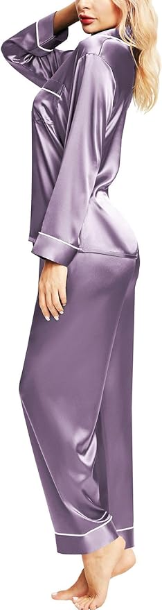 SIHA Satin Silk Pajamas for Women Pajama Set With Long Sleeve Button-Down Satin Pajamas Sleepwear XS-3XL