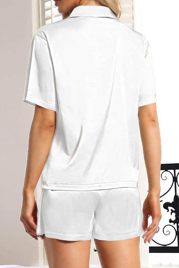 CHYRII Women's Silk Satin Pajamas Sets Tie Front Short Sleeve Tops and Shorts Two Piece Pj Sets Sleepwear