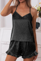 CHYRII Women's Sexy Silk Satin Ruffled Pajamas Sets Cami Shorts Sets Sleepwear