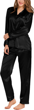 SWOMOG Womens Silk Satin Pajamas Set Long Sleeve Button Down Sleepwear 2 Piece Lounge Set Pj Set XS-3XL