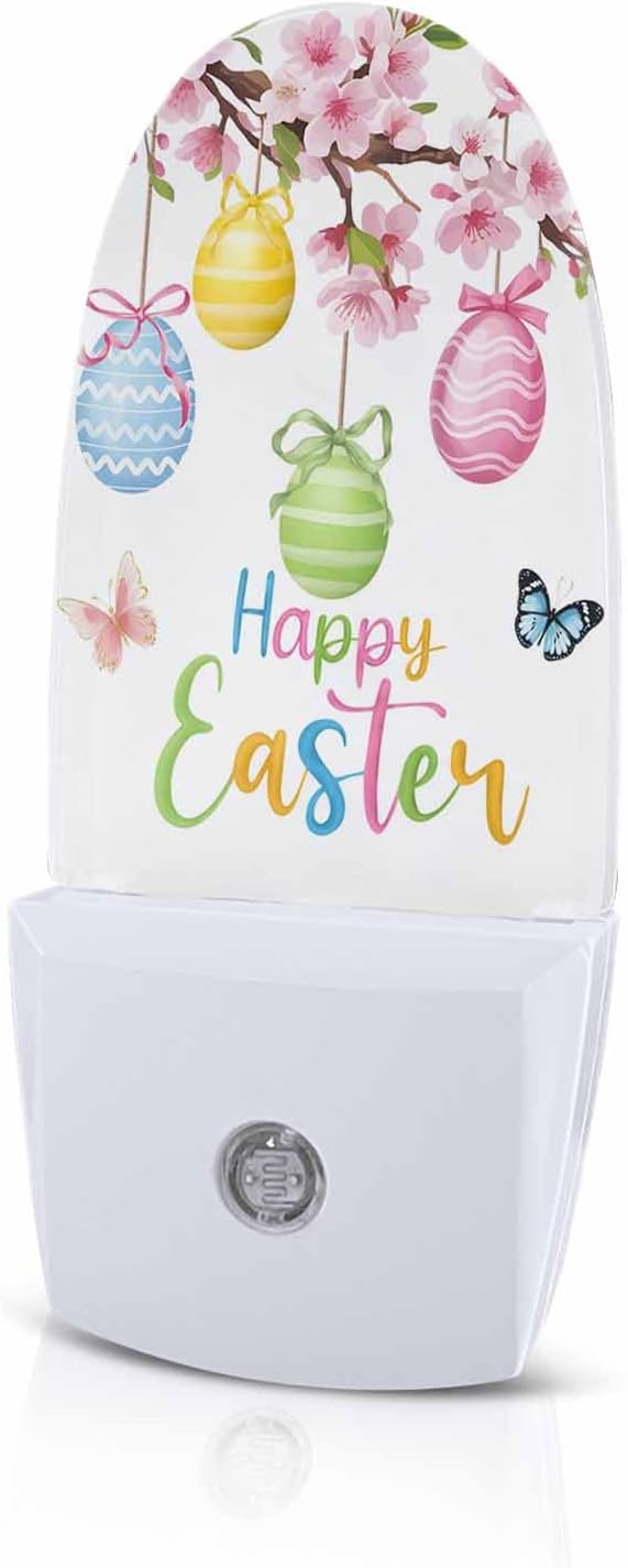 Easter Spring Pink Blossom Peach Night Light Plug into Wall, Eggs Flower Butterfly Popsicle Shape Night Light Nightlight with Light Sensors for Kids Bedroom Hallway
