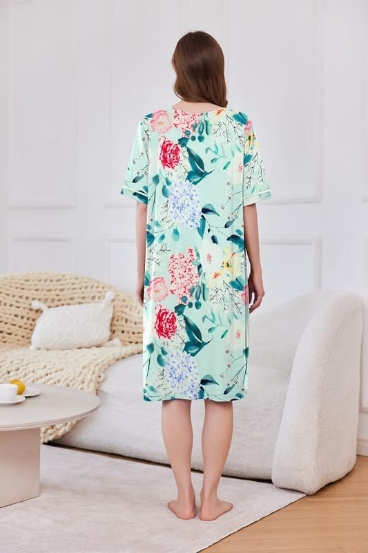 Ekouaer Women Zipper Robe Short Sleeve Duster Housecoat Short Bathrobes Zip Front Nightgown with Pockets S-3XL