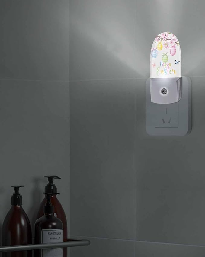 Happy Easter Eggs Floral Butterfly Night Light Plug into Wall, Blossom Peach on Burlap Popsicle Shape Night Light Nightlight with Light Sensors for Kids Bedroom Hallway