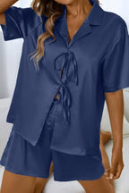 CHYRII Women's Silk Satin Pajamas Sets Tie Front Short Sleeve Tops and Shorts Two Piece Pj Sets Sleepwear