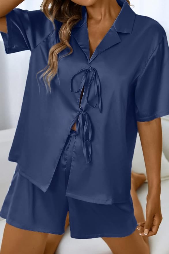 CHYRII Women's Silk Satin Pajamas Sets Tie Front Short Sleeve Tops and Shorts Two Piece Pj Sets Sleepwear