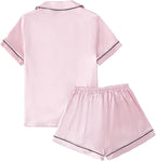 LYANER Women's Silky Satin Pajamas Set Short Sleeve Button Down Shirt With Shorts Pjs Set Sleepwear