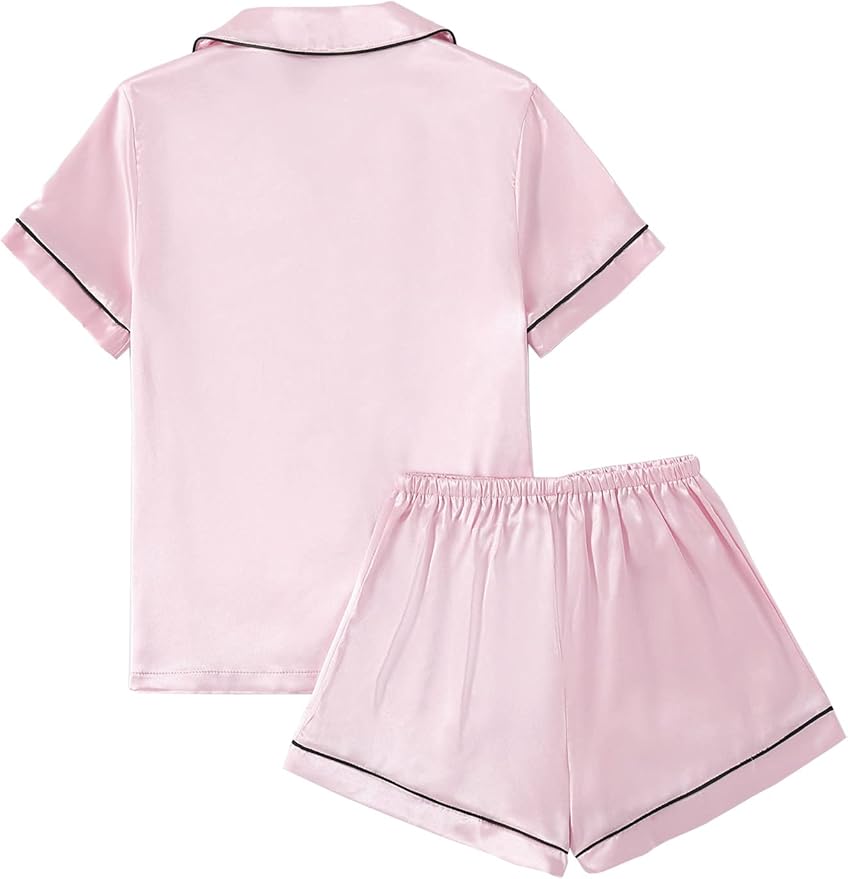 LYANER Women's Silky Satin Pajamas Set Short Sleeve Button Down Shirt With Shorts Pjs Set Sleepwear