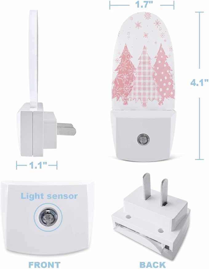 Night Light Plug into Wall, Winter Merry Christmas Trees Snowflakes Buffalo Check Simple Peach White Popsicle Shape Night Light LED Nightlight with Light Sensors for Kids Bedroom Hallway