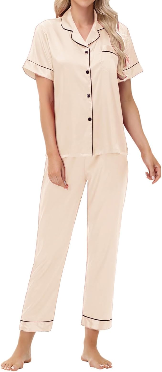 Women's Satin Pajama Set Short Sleeve Silk Top and Pants Set Classic Button Down 2-Piece Sleepwear Loungewear