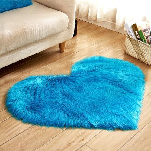 Faux Fur Sheepskin Heart Shaped Area Rugs, 16"x20" Luxurious Wool Love Floor Carpets Bathroom Non-Slip Mat for Home Decor Nursery Living Room Bedroom Pet Kids and Baby Room (Dark Blue)