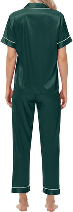Women's Satin Pajama Set Short Sleeve Silk Top and Pants Set Classic Button Down 2-Piece Sleepwear Loungewear